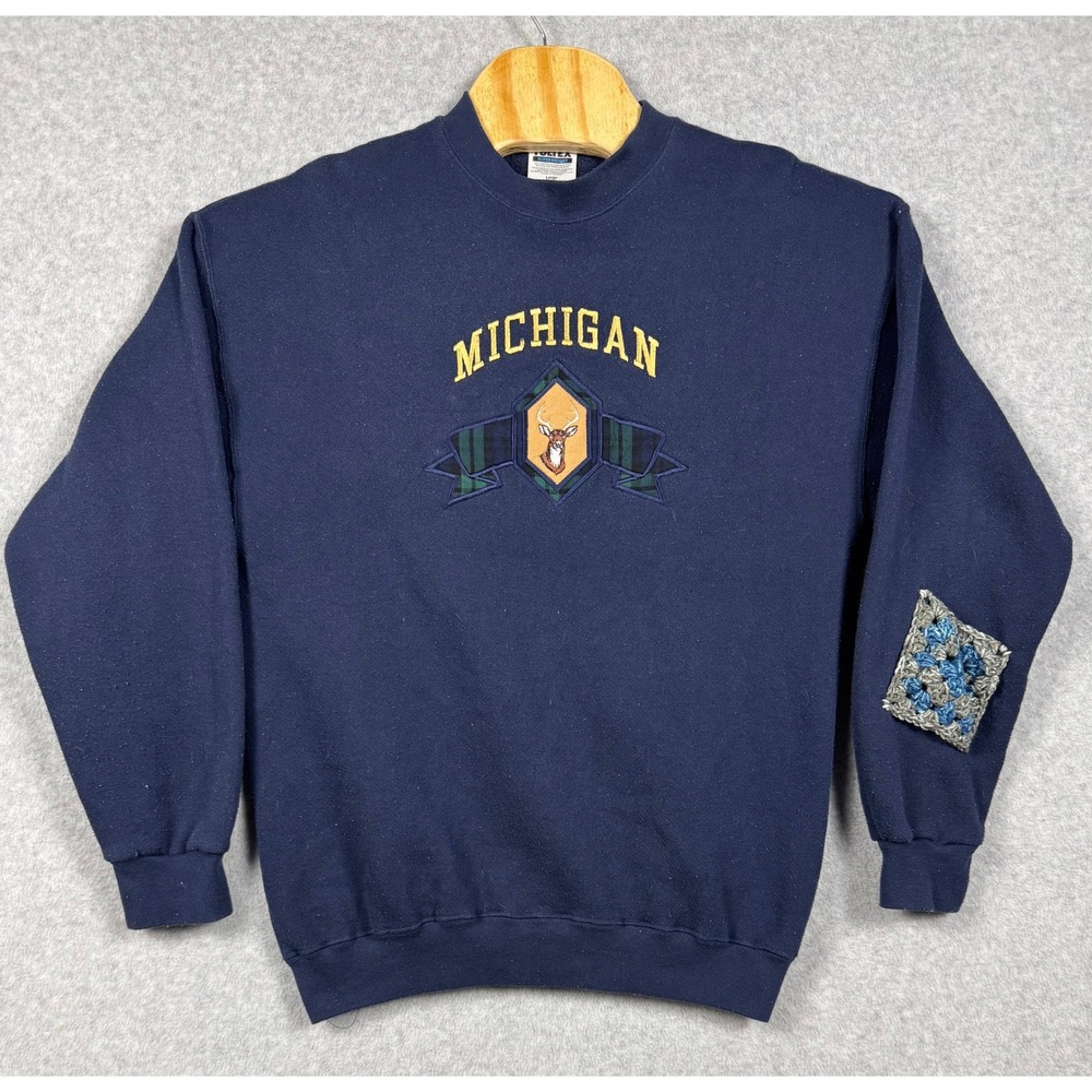 Vintage Michigan Deer Plaid Sweatshirt Mens Large Crochet Patch Vintage